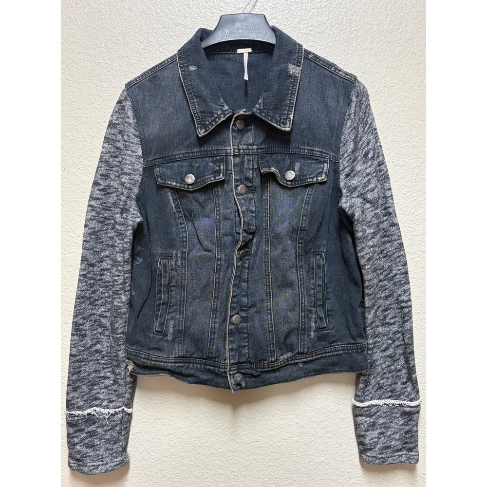 Free People Mixed Media Denim Jacket Dark Wash Knit Sleeves Distressed Large